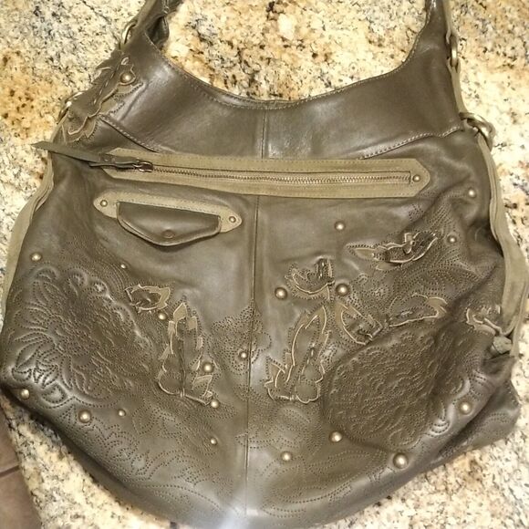 Cole Haan G Series Olive Green leaves applique hobo bag purse Shoulder Leather - Picture 1 of 12